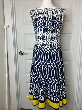 Haani Navy and White Geometric Knit Midi Dress with Yellow Hem Size Small